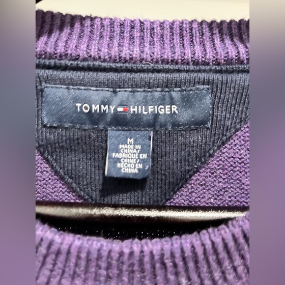 TOMMY HILFIGER Intarsia Bulldog Sweater Purple M Vintage cotton elbow patches - Picture 9 of 11